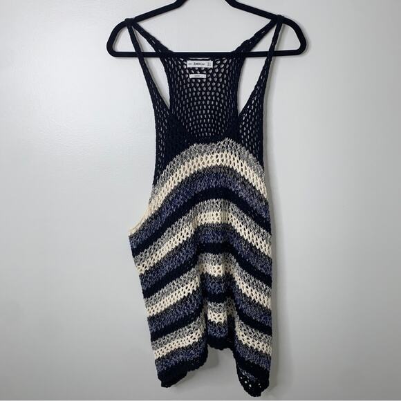 Zara Blue Black Loose Knit Crochet 100% Cotton Beachy Coastal Tank Top Small - Picture 3 of 10